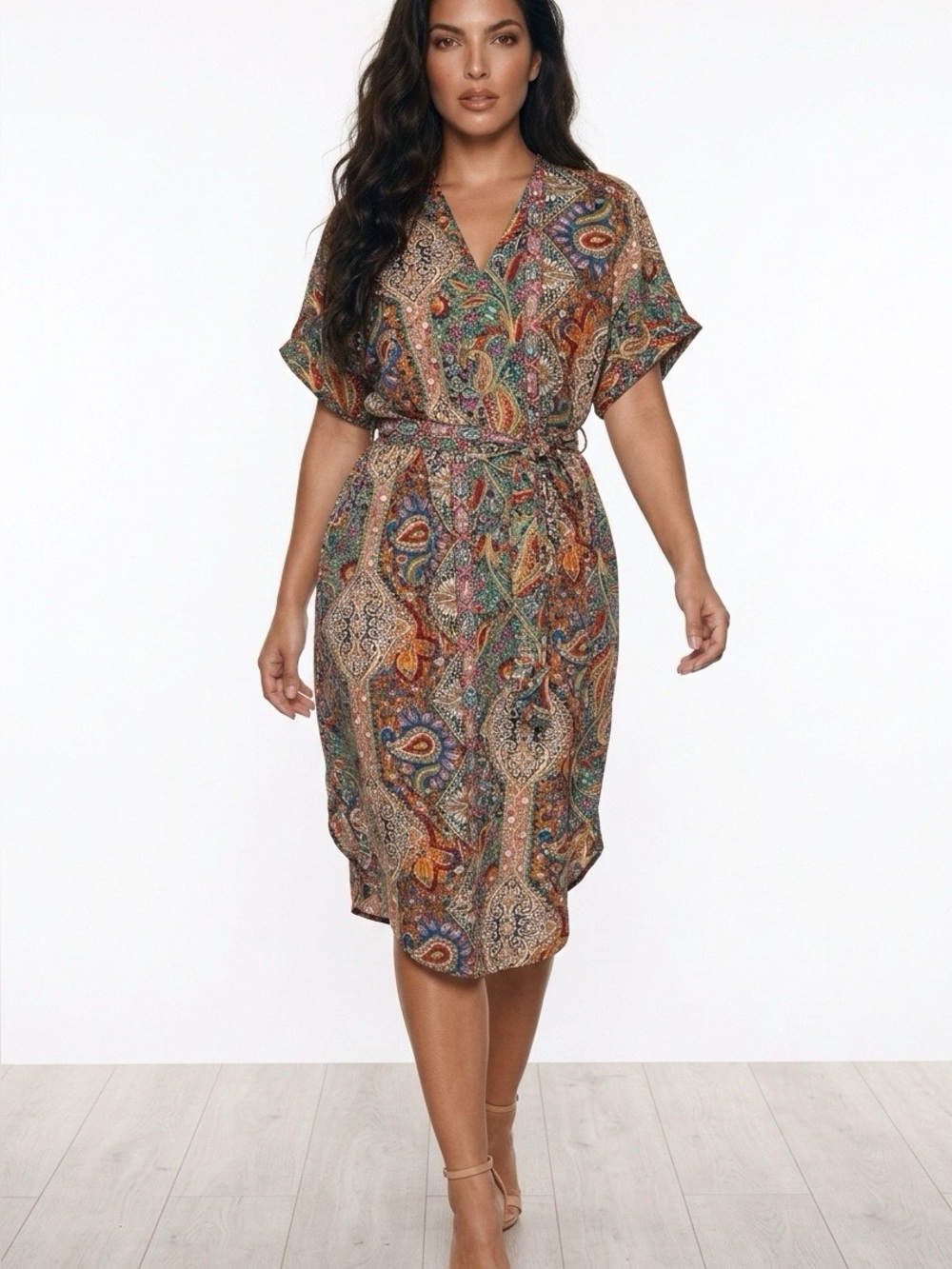 NWOT  Multicolor Paisley Midi Dress with Tie Belt size XL